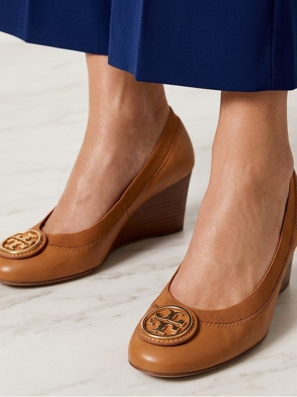 Tory Burch Tan Leather Logo Wedge Flats